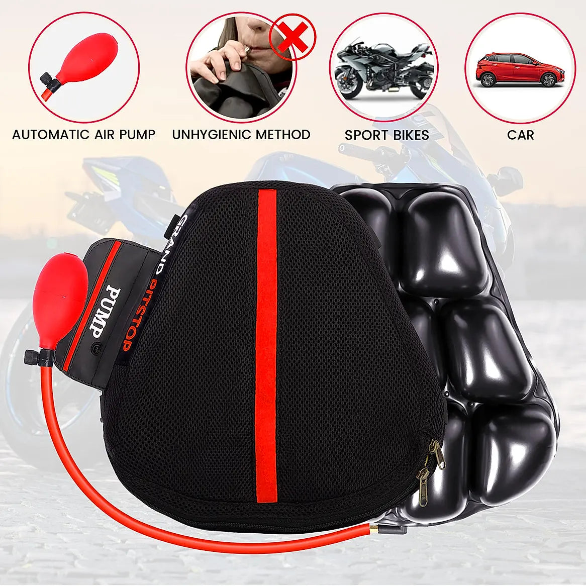 Air Bubble Airseat for Motorcycle and Car Lumbar Support - Sports Premium with Pump | Grand Pitstop