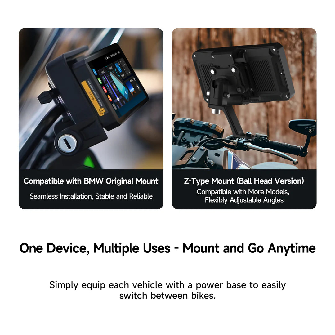 Two smartphone mount devices on a motorcycle with text describing compatibility and features.