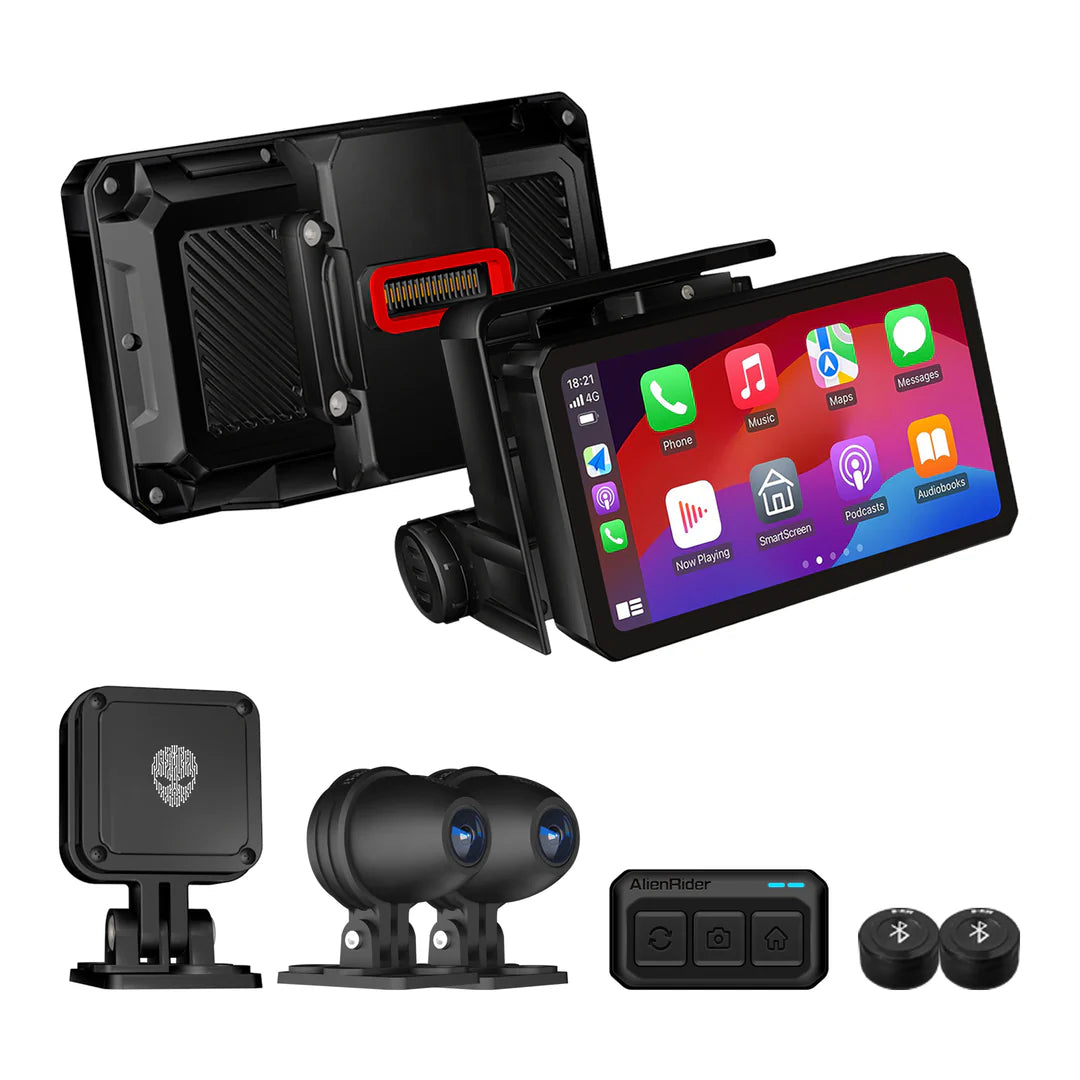 Collection of car accessories including a touchscreen display, camera, and control panel on a white background.