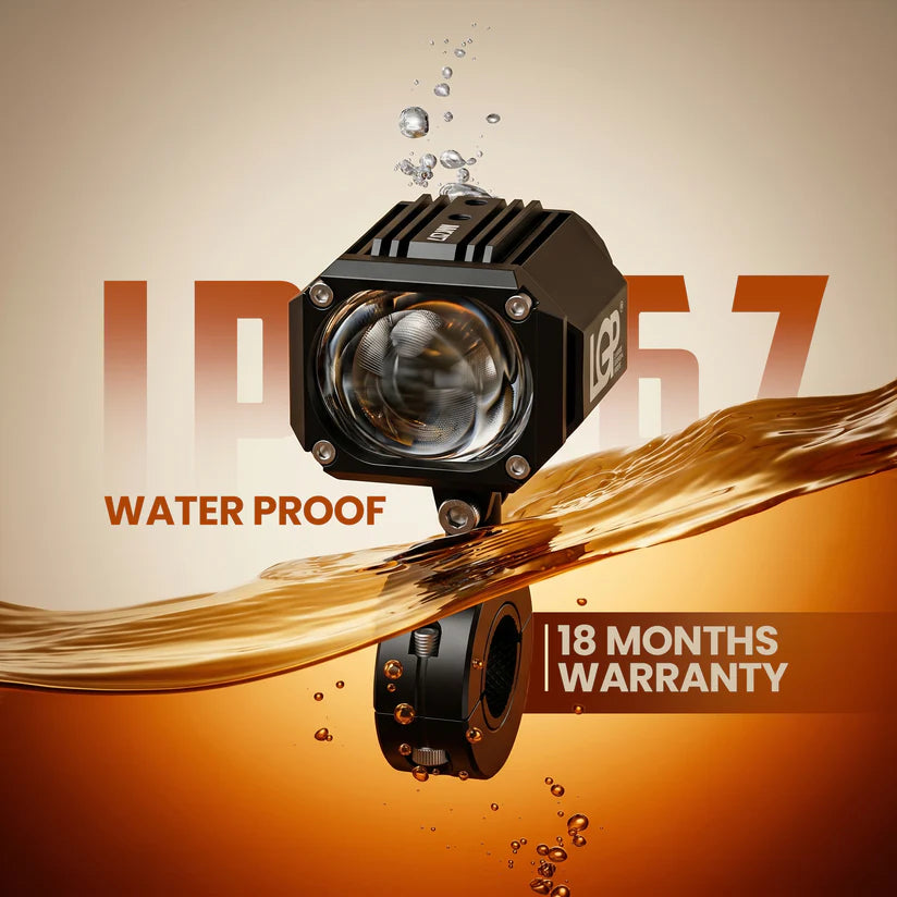 Waterproof light with water splashes and text on a beige background