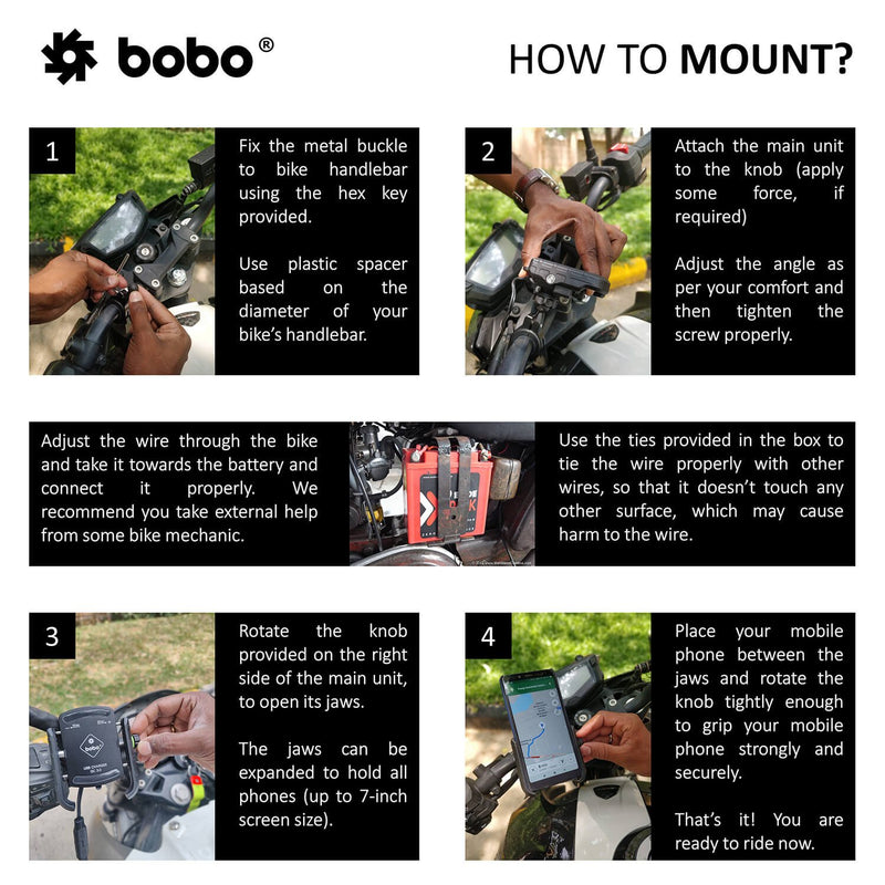 BOBO BM1 PRO Jaw-Grip Bike Phone Holder (with fast USB 3.0 charger, SAE connector & Fast USB Cable) Motorcycle Mobile Mount