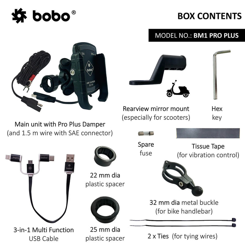 BOBO BM1 PRO PLUS Jaw-Grip Bike Phone Holder (with PRO PLUS Vibration Damper, Fast USB 3.0 Charger, SAE Connector & Fast USB Cable)