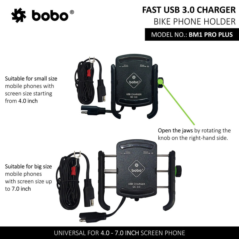 BOBO BM1 PRO PLUS Jaw-Grip Bike Phone Holder (with PRO PLUS Vibration Damper, Fast USB 3.0 Charger, SAE Connector & Fast USB Cable)