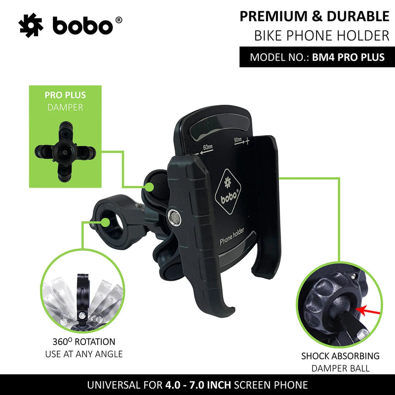 BOBO BM4 PRO PLUS Jaw-Grip Bike Phone Holder with PRO PLUS Vibration Damper Motorcycle Mobile Mount