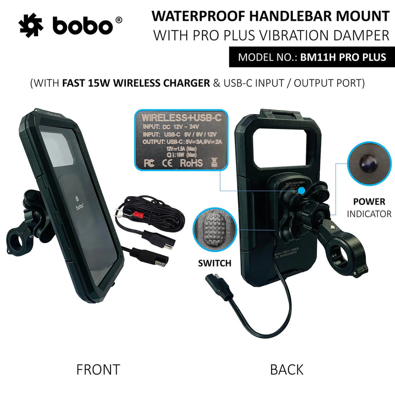 BOBO BM11H PRO PLUS Fully Waterproof Bike Phone Holder with PRO PLUS Vibration Damper (with Fast 15W Wireless Charger & USB-C Input/Output Port) Motorcycle Mobile Mount