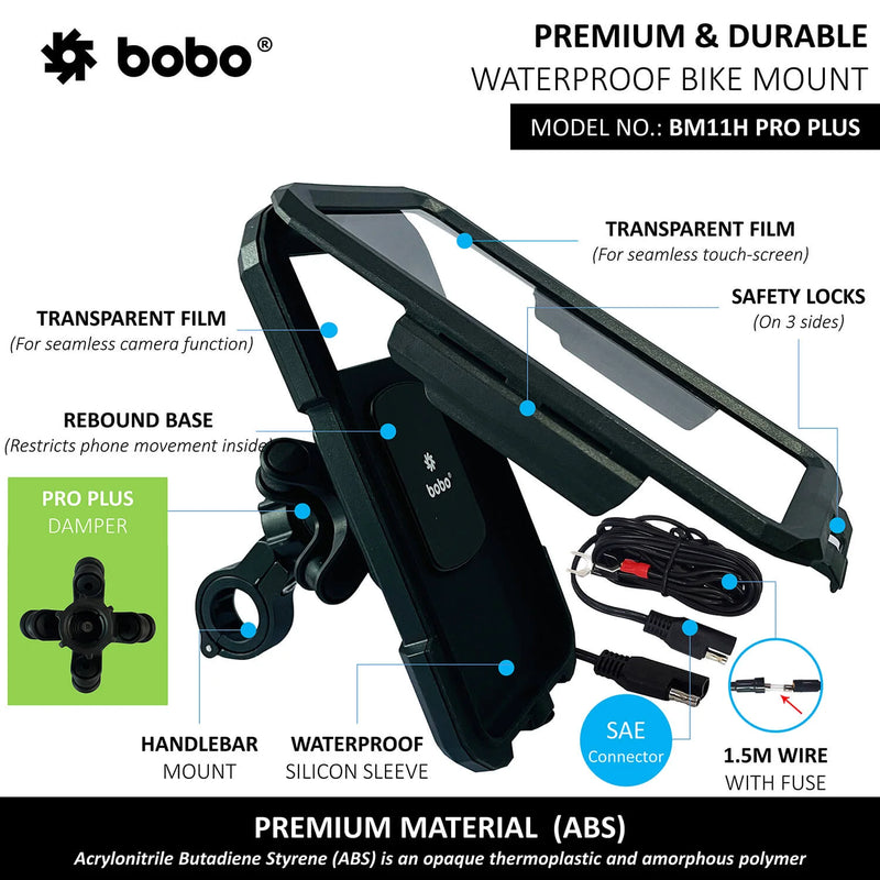 BOBO BM11H PRO PLUS Fully Waterproof Bike Phone Holder with PRO PLUS Vibration Damper (with Fast 15W Wireless Charger & USB-C Input/Output Port) Motorcycle Mobile Mount