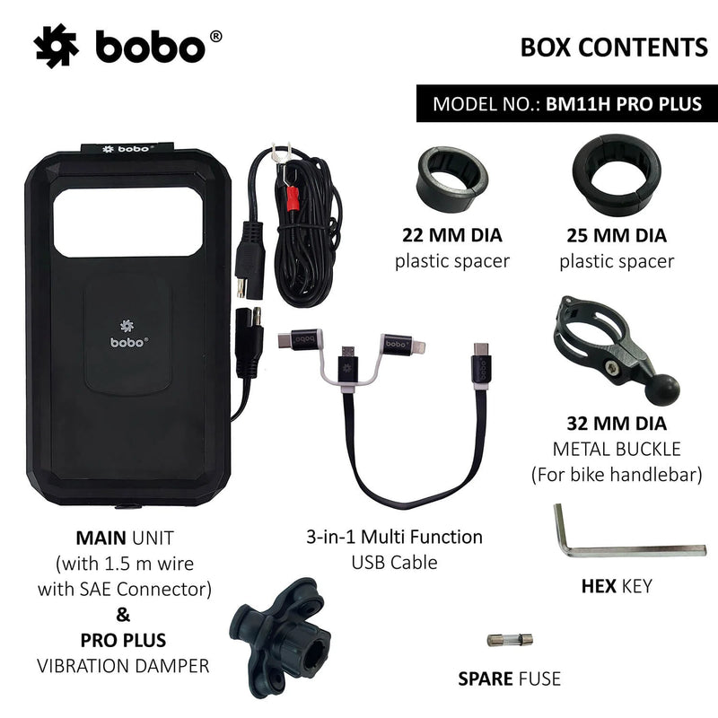 BOBO BM11H PRO PLUS Fully Waterproof Bike Phone Holder with PRO PLUS Vibration Damper (with Fast 15W Wireless Charger & USB-C Input/Output Port) Motorcycle Mobile Mount