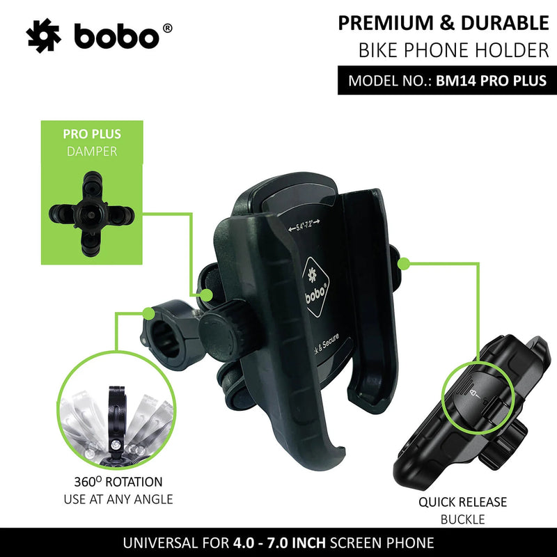 BOBO BM14 PRO PLUS Quick Release with PRO PLUS Vibration Damper Enhanced BM4 PRO PLUS Bike / Cycle Phone Holder Motorcycle Mobile Mount