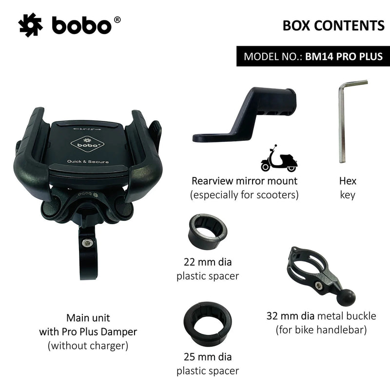 BOBO BM14 PRO PLUS Quick Release with PRO PLUS Vibration Damper Enhanced BM4 PRO PLUS Bike / Cycle Phone Holder Motorcycle Mobile Mount