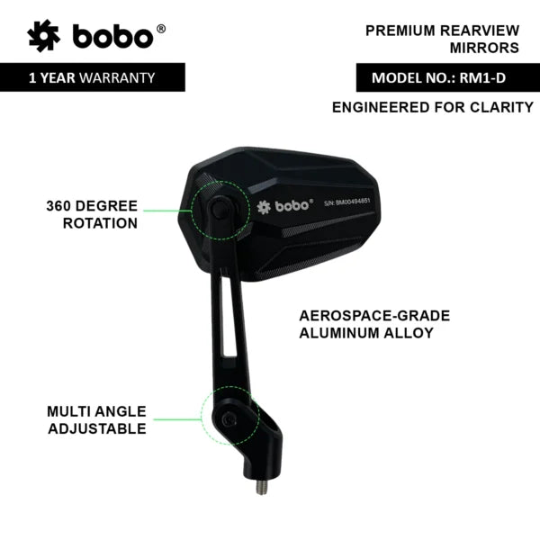 BOBO RM1-D Premium Rearview Mirrors for Motorcycles | CNC Aluminum Adjustable Bike Mirrors