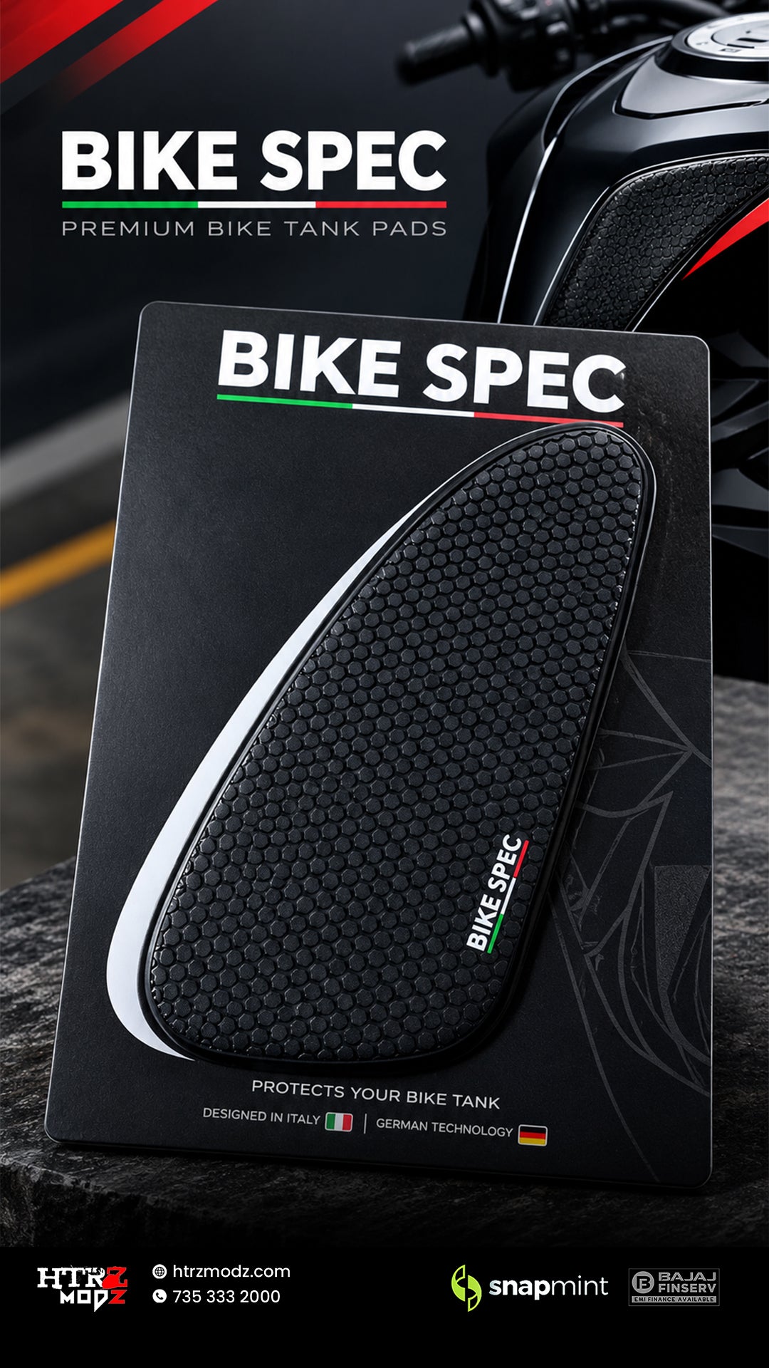 Bike Spec premium bike tank pad shown mounted on its retail packaging, with a motorcycle tank partially visible in the background. The pad is black with a textured honeycomb pattern and the brand name Bike Spec appears on both the pad and the box.