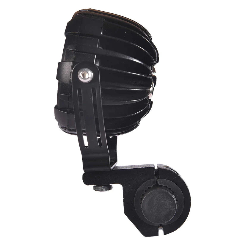 Black motorcycle light and bracket on a white background