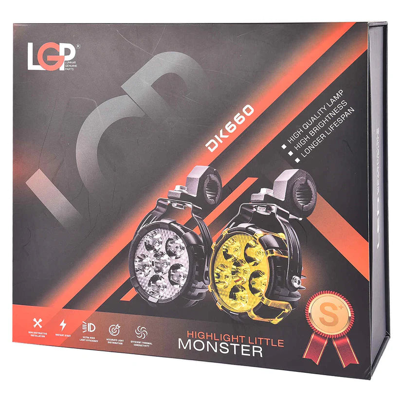 LGP DK660 LED light packaging with two lights on a black background