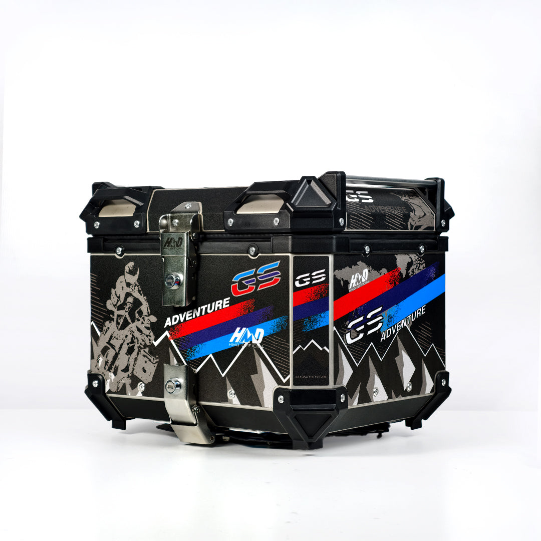 HMD 45L Aluminum Top Box – Black, Blue & Red GS Adventure Graphics with Free Back Rest Pad - Type 2
