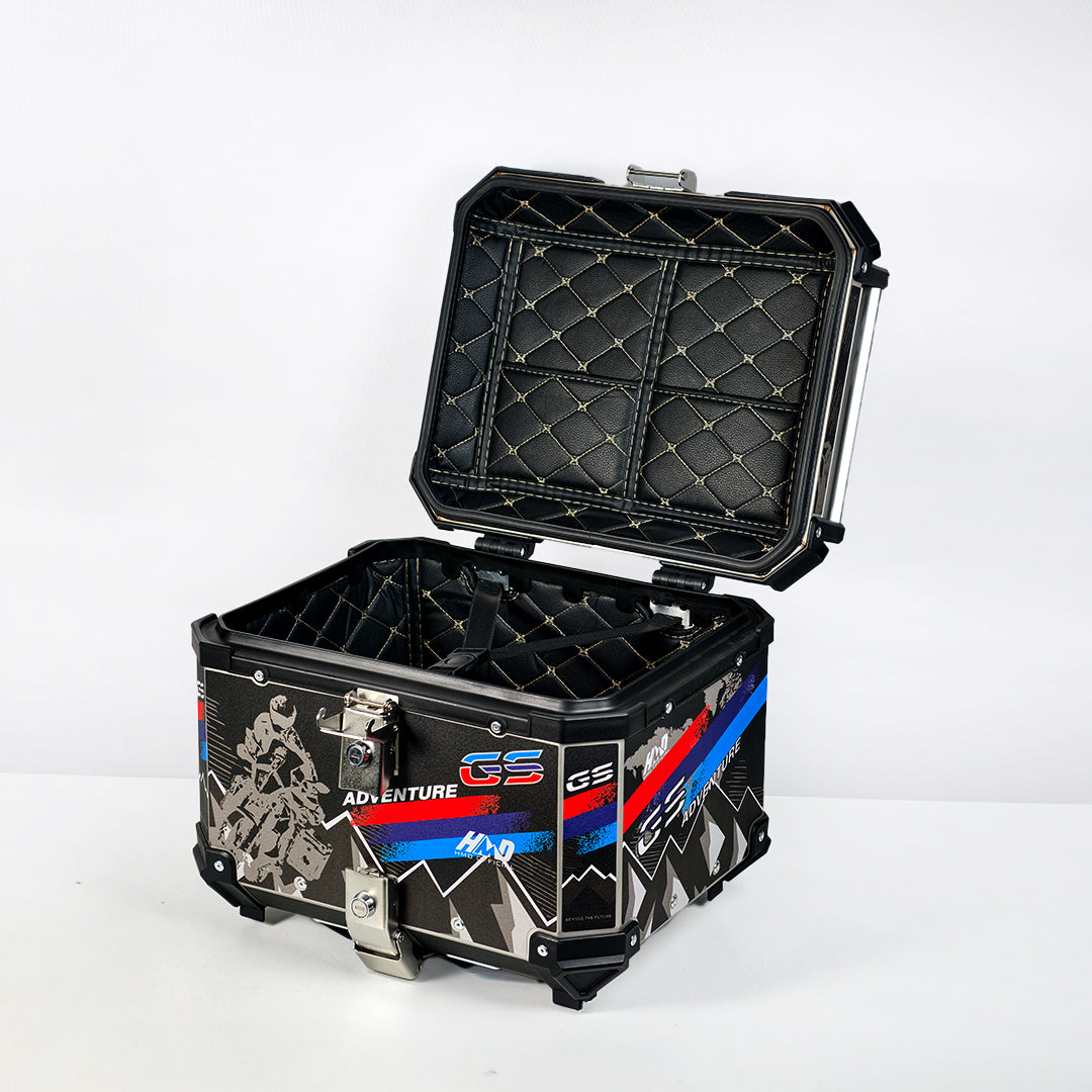 HMD 45L Aluminum Top Box – Black, Blue & Red GS Adventure Graphics with Free Back Rest Pad - Type 2