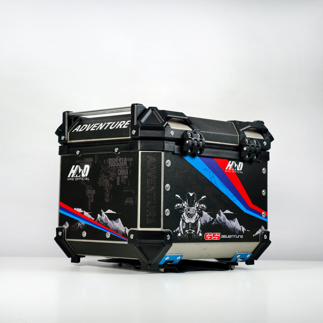 HMD 45L Aluminum Top Box – Black, Blue & Red GS Adventure Graphics with Free Back Rest Pad