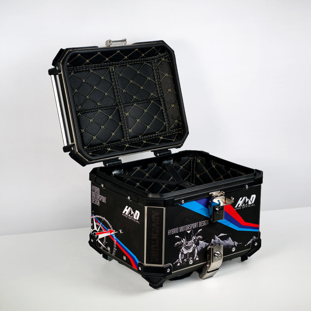 HMD 45L Aluminum Top Box – Black, Blue & Red GS Adventure Graphics with Free Back Rest Pad - Type 2