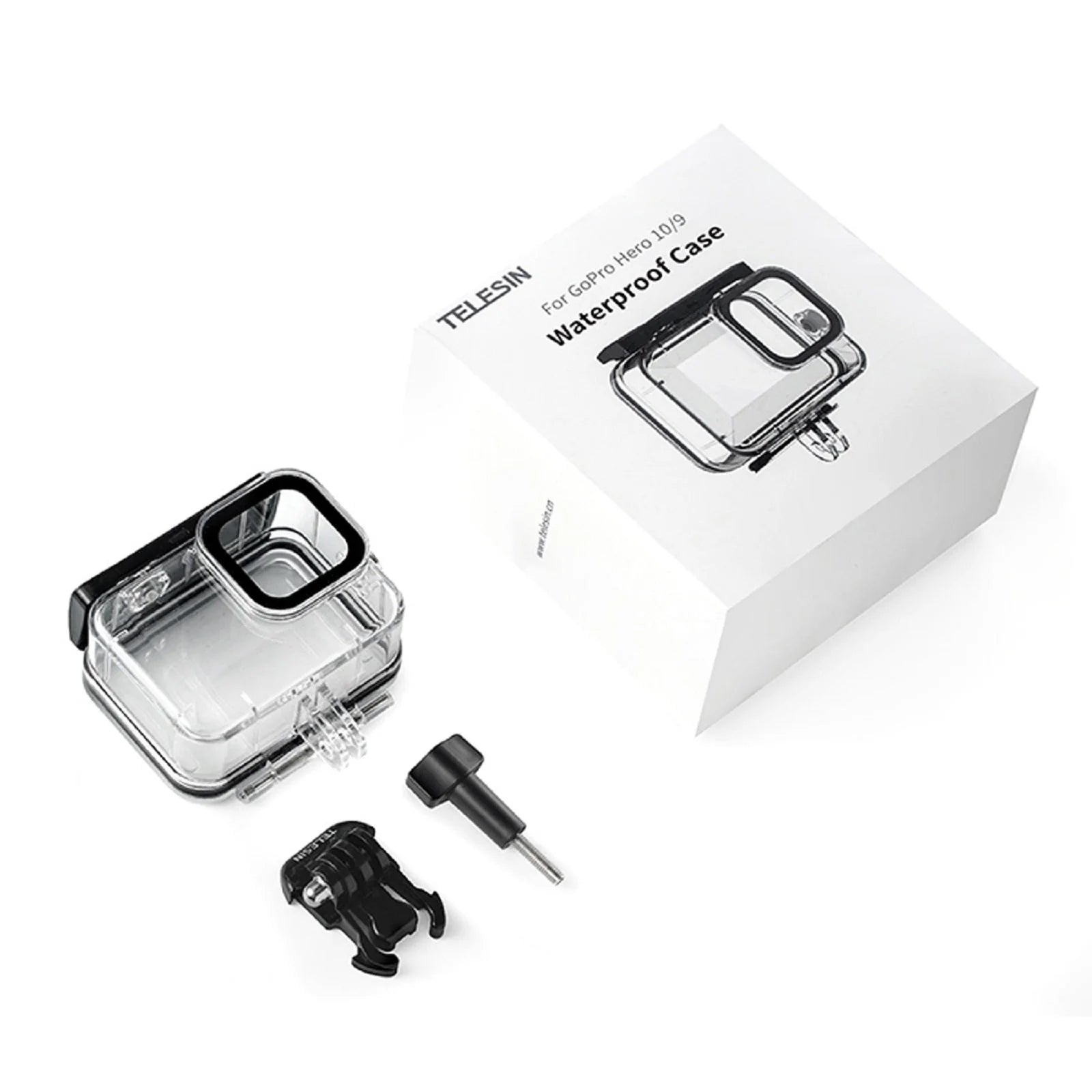 Telesin waterproof case for GoPro Hero 10/9 with packaging on a white background