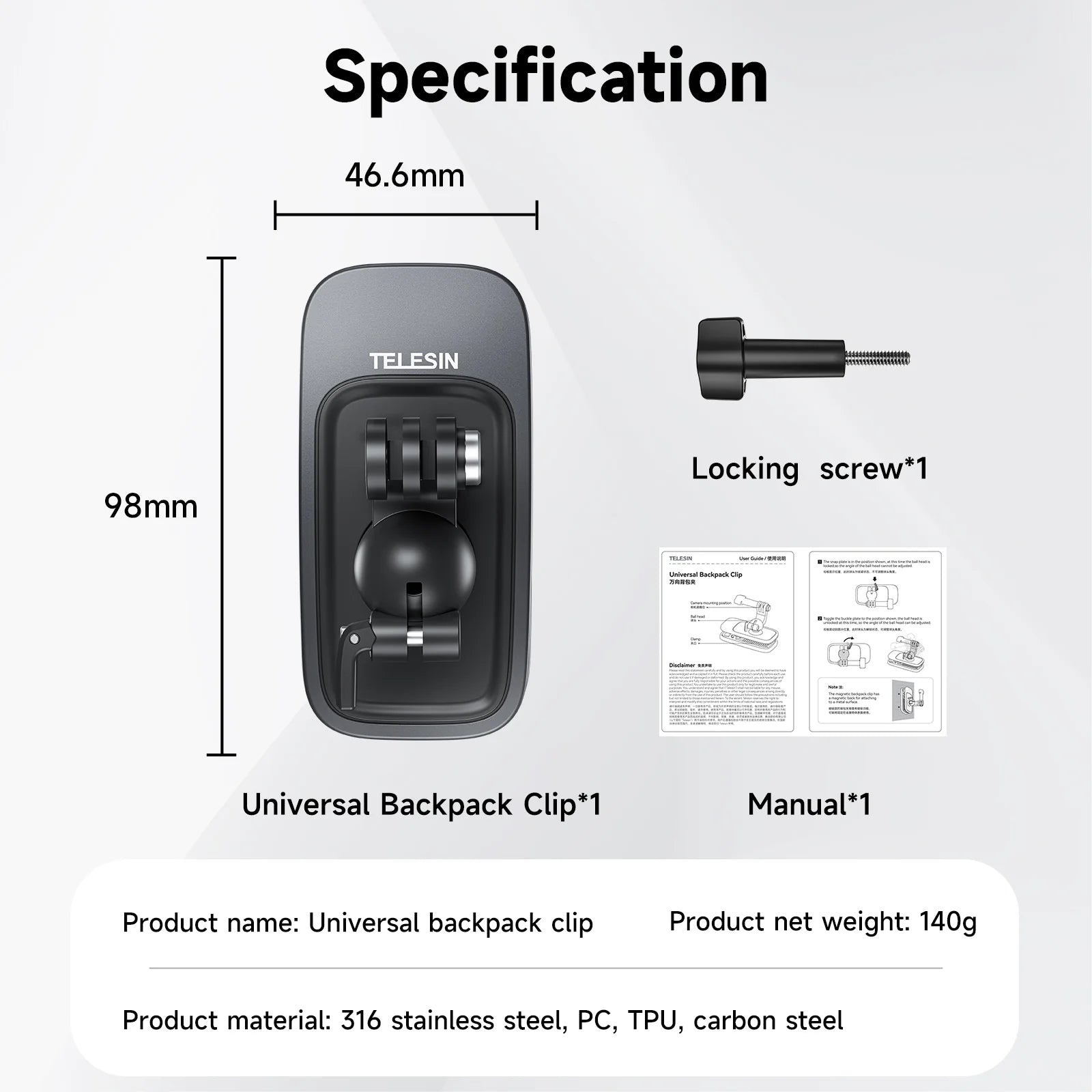 TELESIN Upgraded Universal Backpack Clip