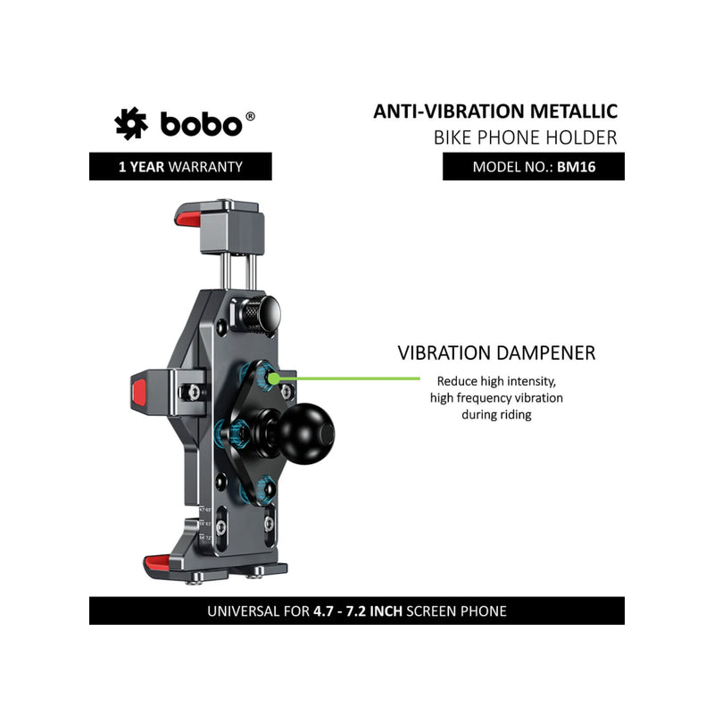 BOBO BM16 Anti-Vibration Metallic Bike Phone Holder (With Fast 15W Wireless Charger) Motorcycle Mobile Mount