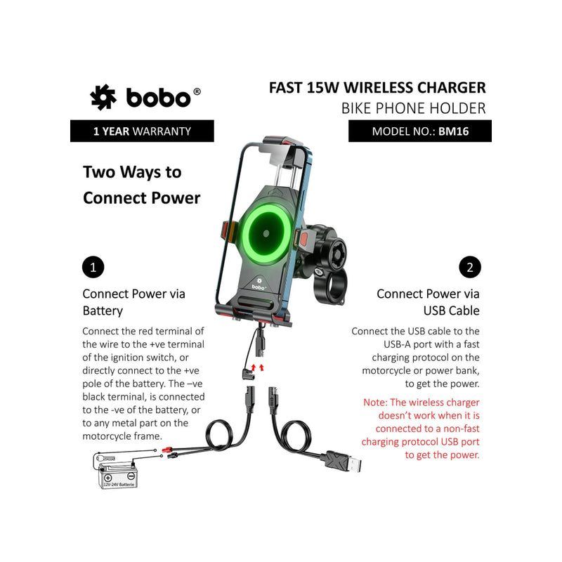 BOBO BM16 Anti-Vibration Metallic Bike Phone Holder (With Fast 15W Wireless Charger) Motorcycle Mobile Mount