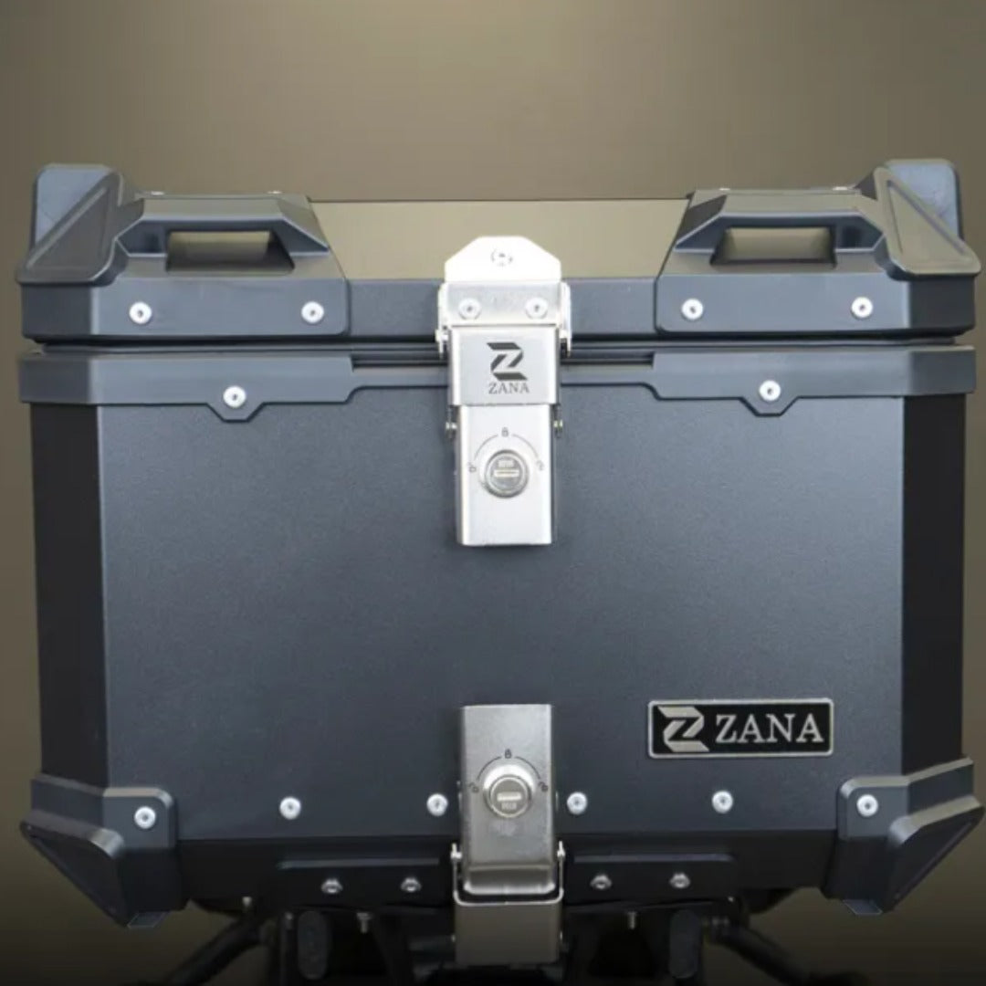 ZANA Universal 55L Aluminium Top Box – L-Flat Black with Backrest Cushion, Waterproof & Rustproof