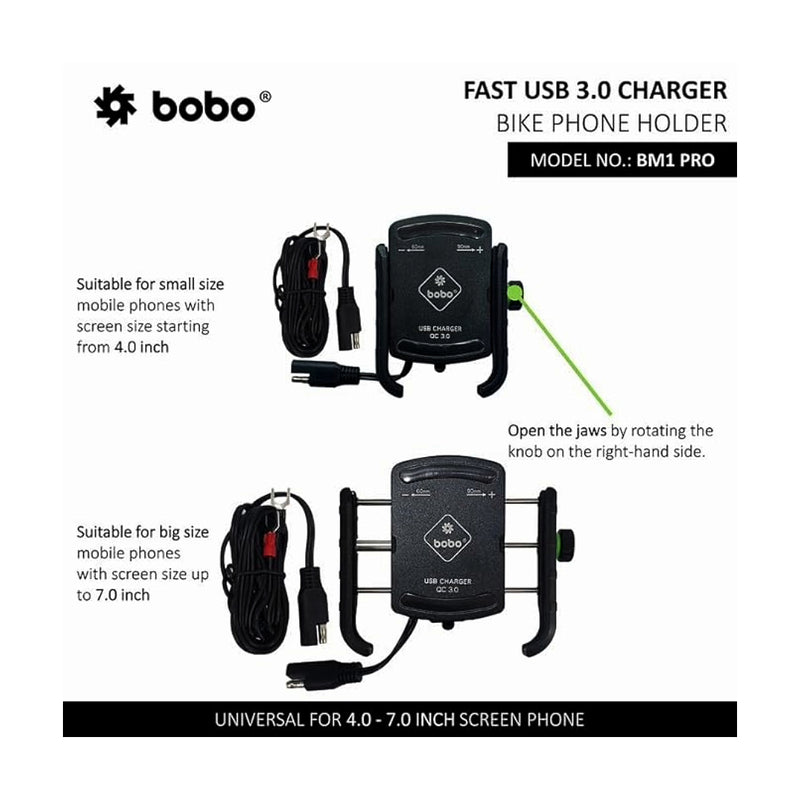 BOBO BM1 PRO Jaw-Grip Bike Phone Holder (with fast USB 3.0 charger, SAE connector & Fast USB Cable) Motorcycle Mobile Mount