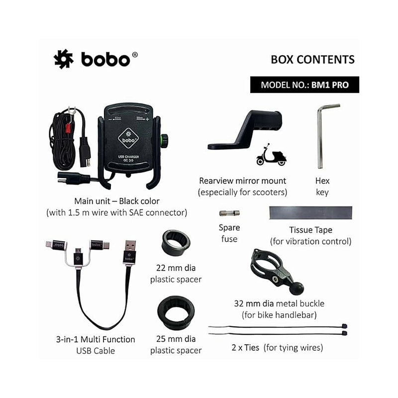 BOBO BM1 PRO Jaw-Grip Bike Phone Holder (with fast USB 3.0 charger, SAE connector & Fast USB Cable) Motorcycle Mobile Mount