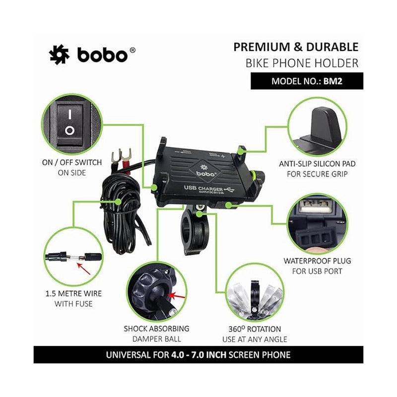 BOBO BM2 Claw-Grip Aluminium Bike Phone Holder (with 2.5A USB charger) Motorcycle Mobile Mount