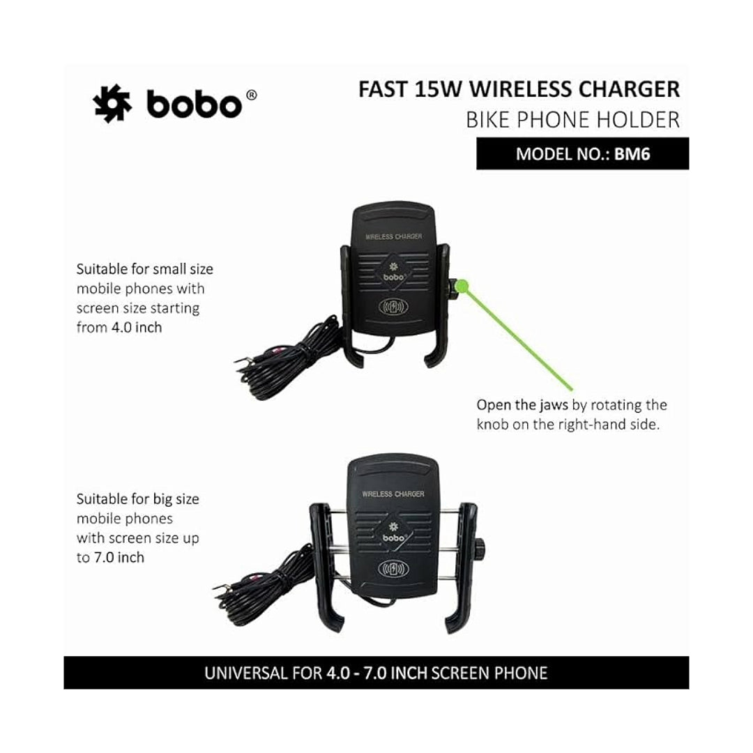 BOBO BM6 Jaw-Grip Bike Phone Holder (with Fast 15W Wireless Charger) Motorcycle Mobile Mount