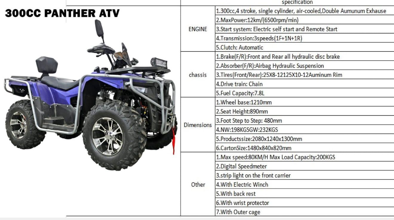 300CC Panther ATV Quad Bike | 4-Stroke Off-Road Petrol ATV with Electric Start & Winch