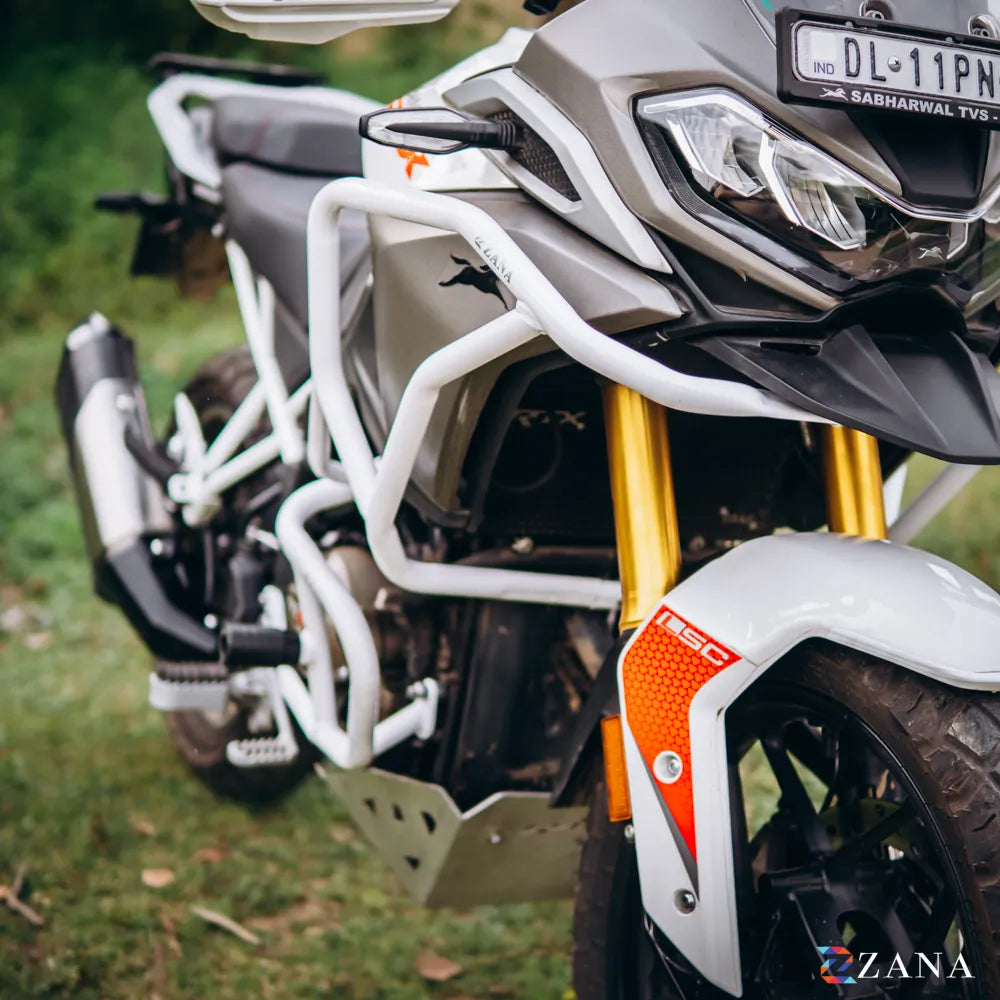 Zana- Upper & Lower Crash Guard With Slider Combo (White) For TVS Apache RTX 300 Beak Version