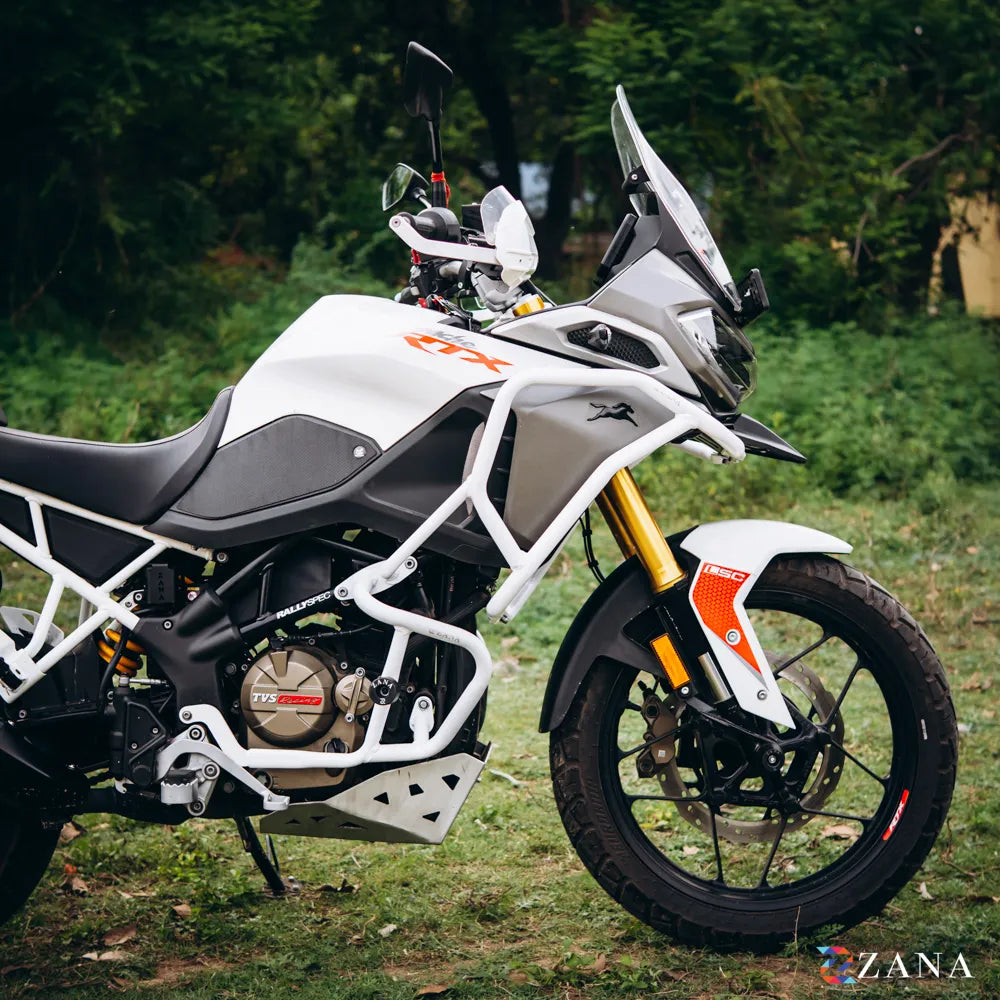 Zana- Upper & Lower Crash Guard With Slider Combo (White) For TVS Apache RTX 300 Beak Version