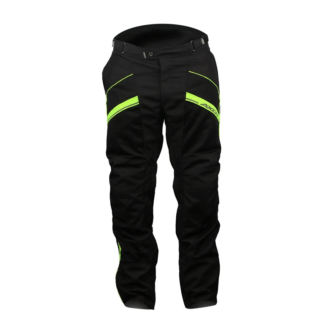 AXOR Delta motorcycle riding pants in black and neon yellow, angled side view