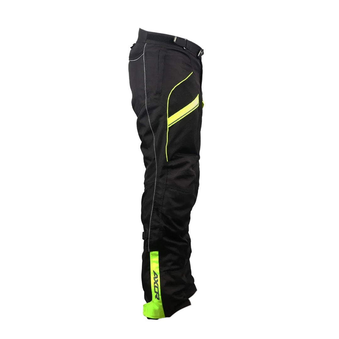 AXOR Delta motorcycle riding pants side profile with neon yellow accents