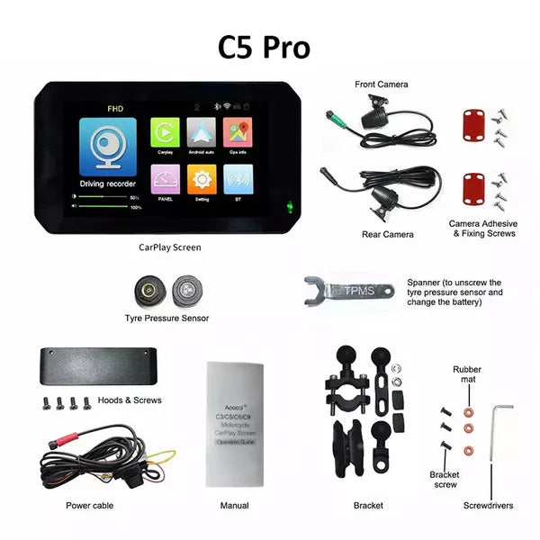 Aoocci C5 Pro All-in-One Motorcycle CarPlay Dash Cam with GPS & Anti-Theft | Front & Rear 1080P HD