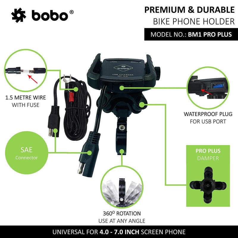 BOBO BM1 PRO PLUS Jaw-Grip Bike Phone Holder (with PRO PLUS Vibration Damper, Fast USB 3.0 Charger, SAE Connector & Fast USB Cable)