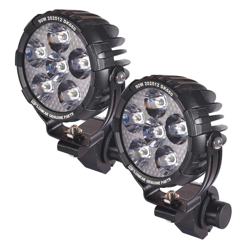 Two black LED work lights on a white background