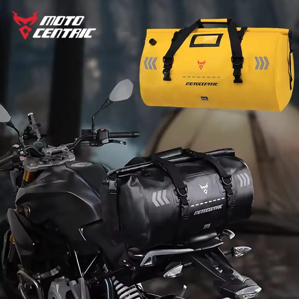 Moto Centric 66L tail bag fitted on motorcycle