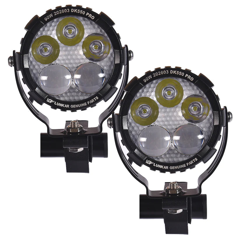 Two round LED work lights with visible branding on a white background