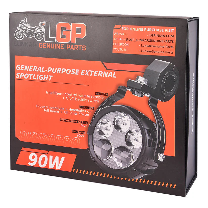 Box of a 90W general-purpose external spotlight with LGP branding.