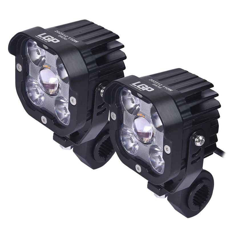 Two black LED work lights with LGP branding on a white background