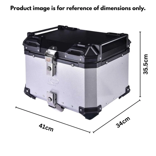 Reference dimensions for 45L aluminium motorcycle top box: 41 cm wide, 34 cm deep and 35.5 cm high