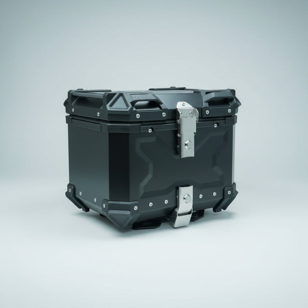 Black toolbox with silver latches on a white background