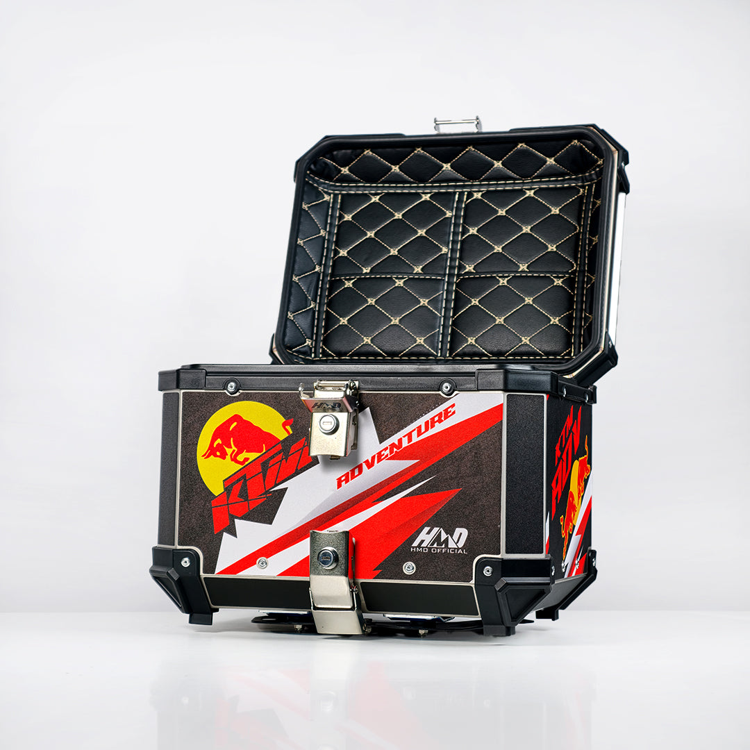 HMD 45L Aluminium Top | Black - Red - White KTM Adventure Graphics with Back Rest Pad