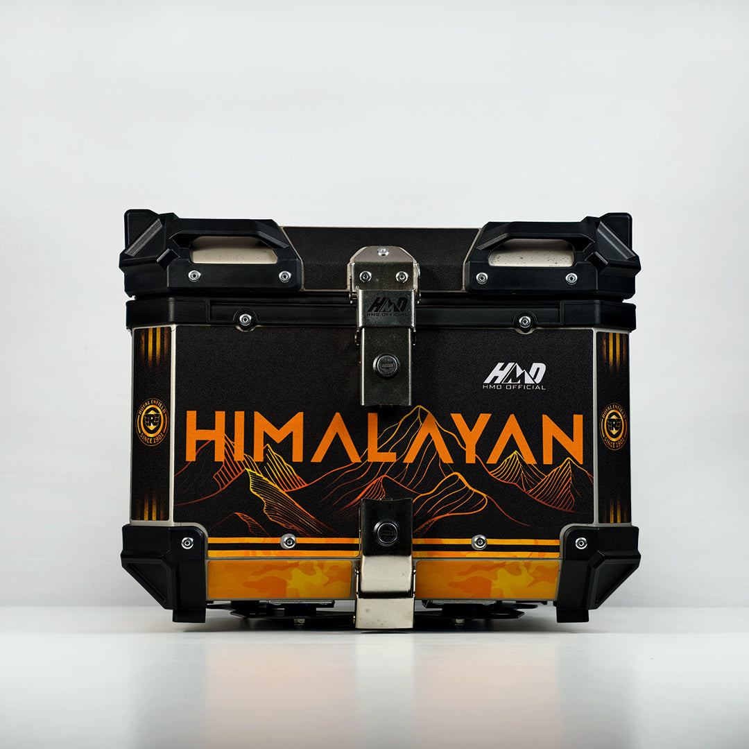 HMD 45L Aluminium Top Box with Black & Gold Orange Himalayan Adventure Graphics with Back Rest Pad
