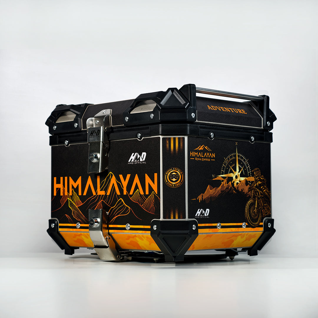 HMD 45L Aluminium Top Box with Black & Gold Orange Himalayan Adventure Graphics with Back Rest Pad