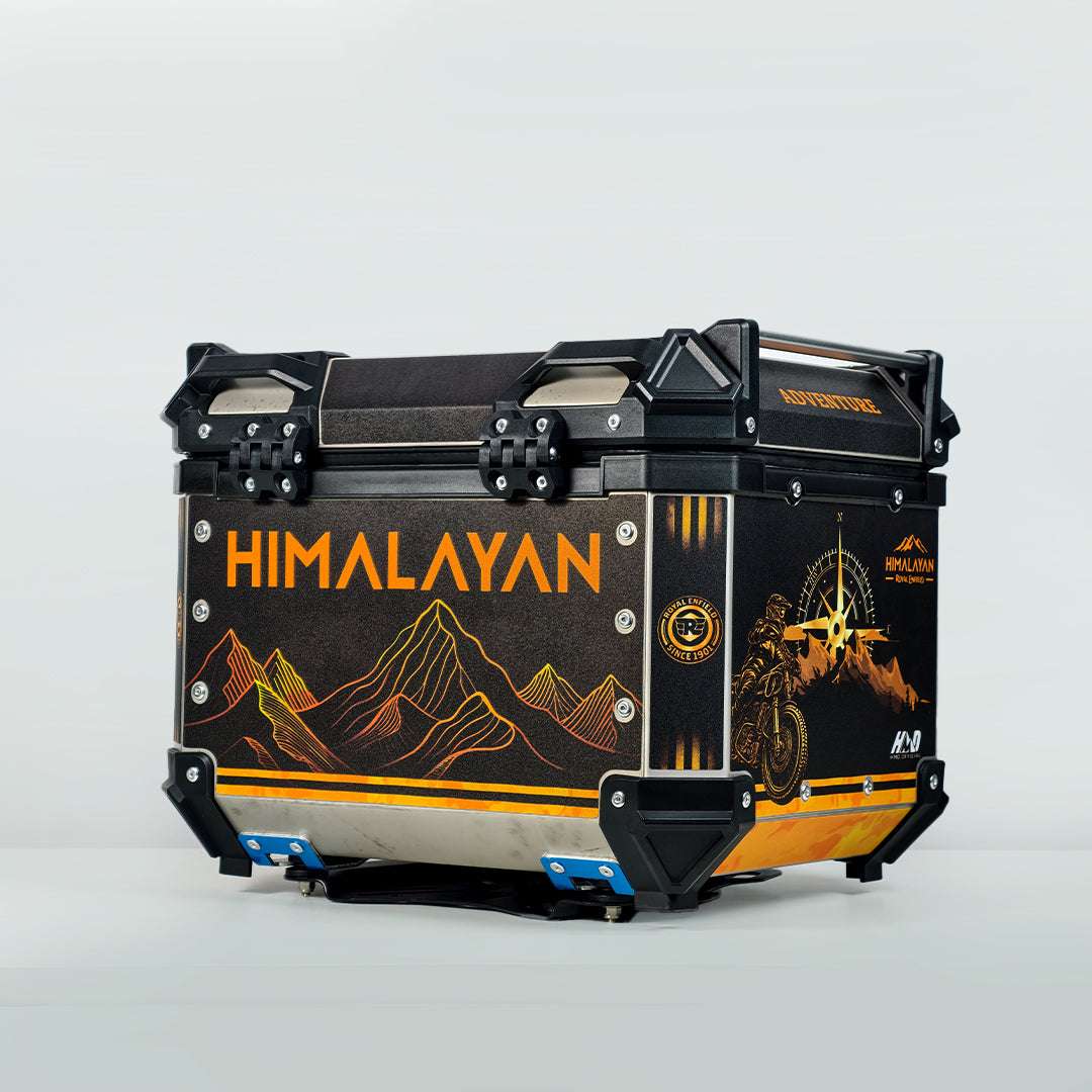 HMD 45L Aluminium Top Box with Black & Gold Orange Himalayan Adventure Graphics with Back Rest Pad