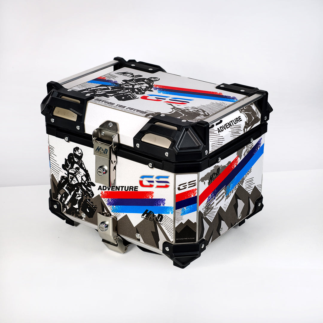 HMD 45L Aluminum Top Box – White, Blue & Red GS Adventure Graphics with Free Back Rest Pad