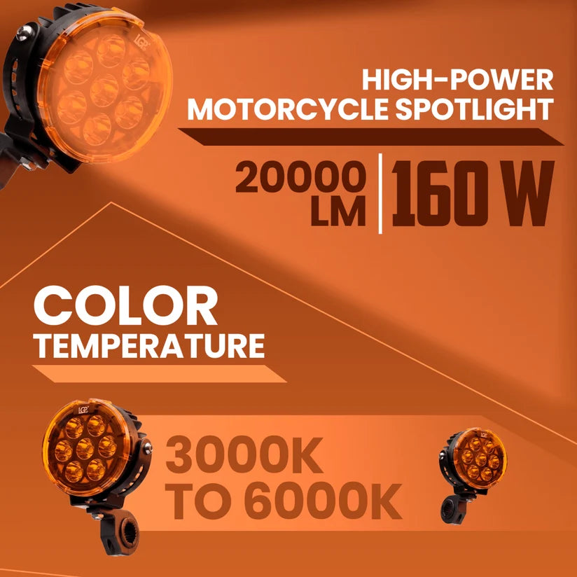 LGP DK80 Pro High Power LED Spotlight for Bike (Pair) | 160W 20,000LM | IP67 Waterproof Auxiliary Fog Light